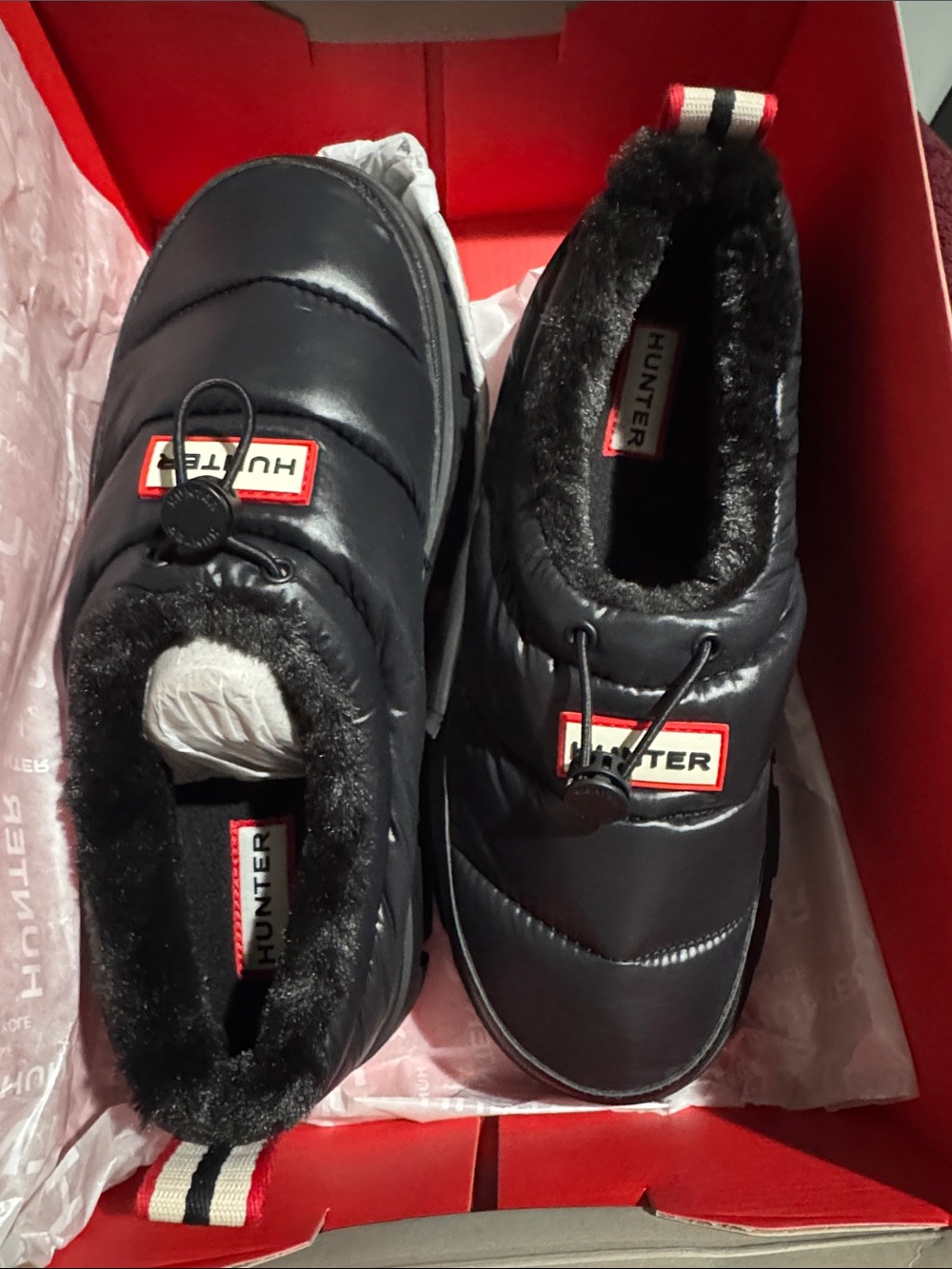 Hunter Black Quilted Puffer Slip-On Slippers with Faux Fur Trim